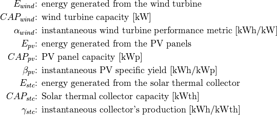 E_{wind} &\text{: energy generated from the wind turbine}

CAP_{wind} &\text{: wind turbine capacity [kW]}

\alpha_{wind} &\text{: instantaneous wind turbine performance metric [kWh/kW]}

E_{pv} &\text{: energy generated from the PV panels}

CAP_{pv} &\text{: PV panel capacity [kWp]}

\beta_{pv} &\text{: instantaneous PV specific yield [kWh/kWp]}

E_{stc} &\text{: energy generated from the solar thermal collector}

CAP_{stc} &\text{: Solar thermal collector capacity [kWth]}

\gamma_{stc} &\text{: instantaneous collector's production [kWh/kWth]}